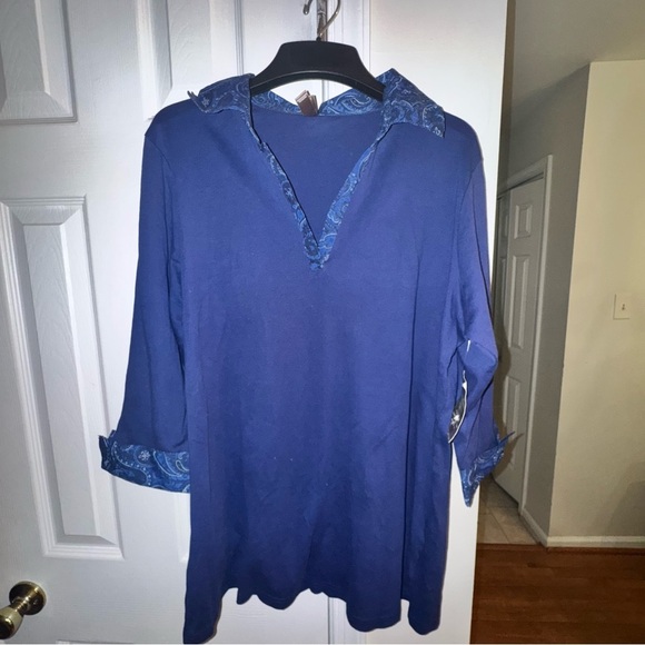 White Stag Tops - White Stag 1X 16W Blue Knit Top Printed Woven Collar 3/4 Sleeve Plus Size Boho